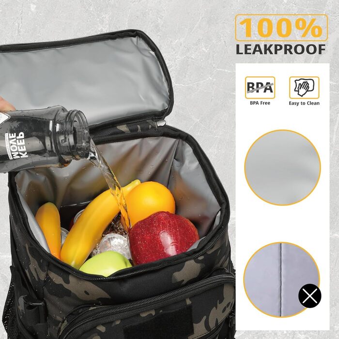 Тактичний рюкзак-холодильник 25L, витримує витоки, міцний, великий ланч-рюкзак, водонепроникний, для чоловіків, жінок, роботи, подорожей, кемпінгу, пляжу та піших прогулянок, чорний камуфляж