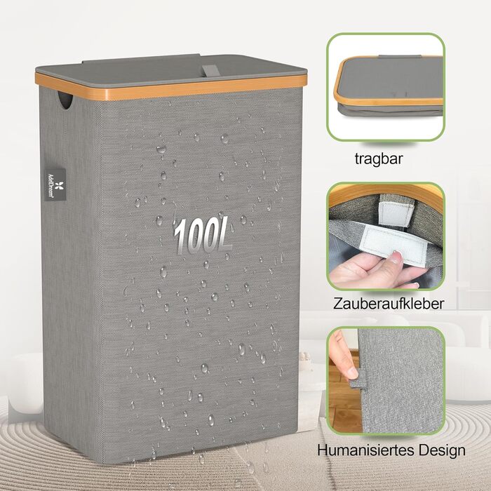 Кошик для білизни з кришкою Tiklife, 100 л, сірий - кошик для одягу, мішок для білизни, сортер для білизни, коробка для білизни, складаний