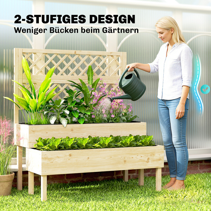 Підвищений грядок з решіткою для ліан, 2-рівневий квітник з 2 посадковими ящиками, дерево, 108 x 62 x 120 см