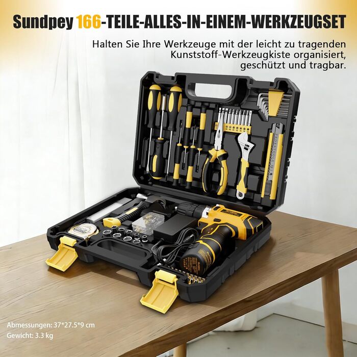 Набір інструментів Sundpey 166 предметів з акумуляторною викруткою 12V для дому, ремонту та саду (жовтий)