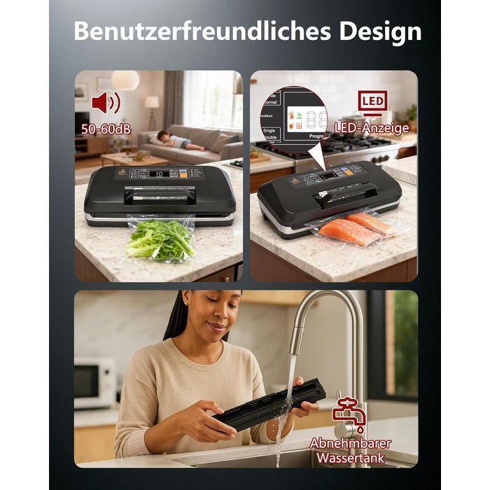 Вакууматор для продуктів 12-в-1, вакуумний пакувальник з подвійним швом, вбудованим різаком та лотком для збору рідини, 95кПа, чорний