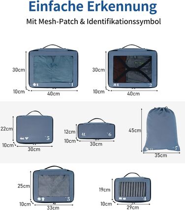 Набір органайзерів для валізи та рюкзака ECOHUB, 7 предметів, дорожні сумки-пакувальники з переробленого PET-пластику (Синій)
