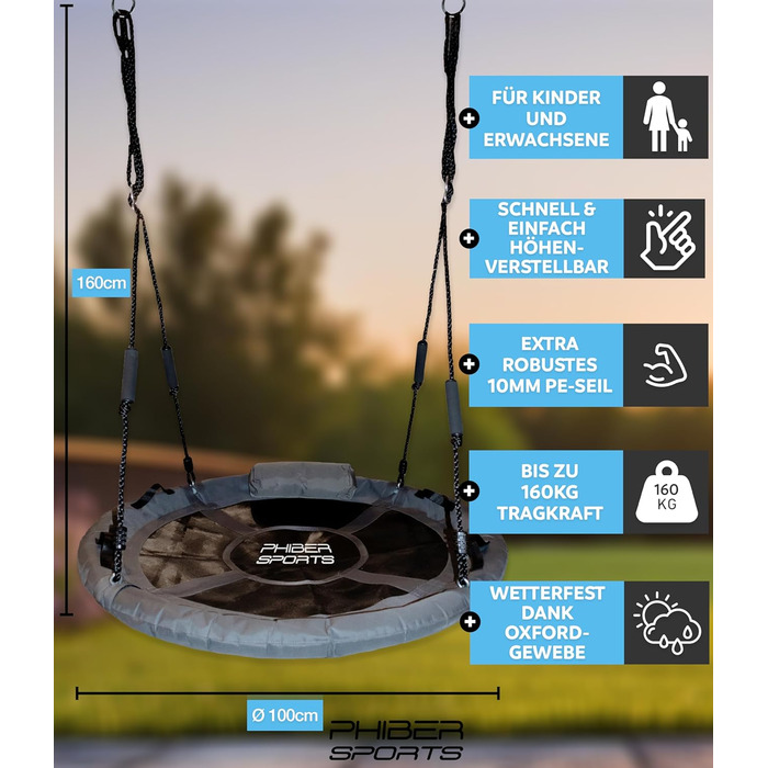 Дитяча гойдалка-гніздо на вулицю, діаметр 100 см, з подушкою та ручками, регульована висота, стійка до погодних умов, довговічна. Підходить для ігор в приміщенні та на вулиці.