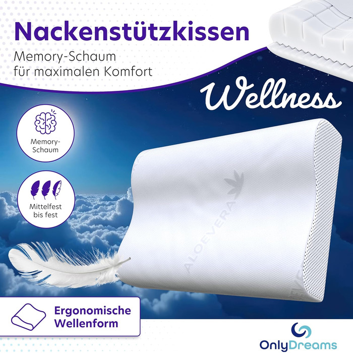 Ортопедична подушка для шиї OnlyDreams з гелевим шаром | Регульована висота + вибір жорсткості | Чохол з алое вера | Підходить для сну на спині, животі та боці - Оeko-TEX® (Memory Foam, 60x32x12/10 см)