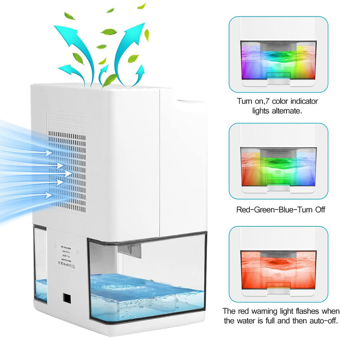 Осушувач повітря для дому, Осушувач повітря для кімнати 1 л Тихий осушувач повітря з вимкненням Кольорове світлодіодне світло для квартири Спальні Ванна кімната Підвал, електричний та невеликий осушувач повітря