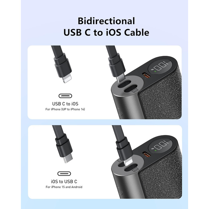 Вт PD, 10000 мАг, вбудований кабель Apple USB-C, LED, сумісний з iPhone/Samsung, 20