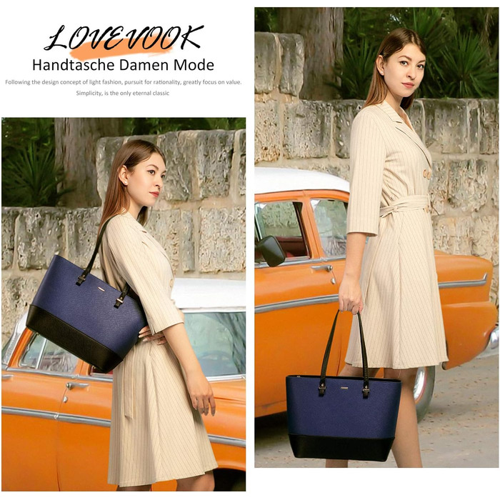 LOVEVOOK Набір сумок для жінок: 3 шт. (шоппер, сумка на плече, сумка з ручкою) для подорожей, бізнесу, покупок (синій+чорний)