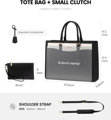 LOVEVOOK Сумка для ноутбука 15.6 дюймів, жіноча, велика, з натуральної шкіри, сумка-шоппер, сумка-тоут, для роботи, навчання, універсальна, чорно-бежева