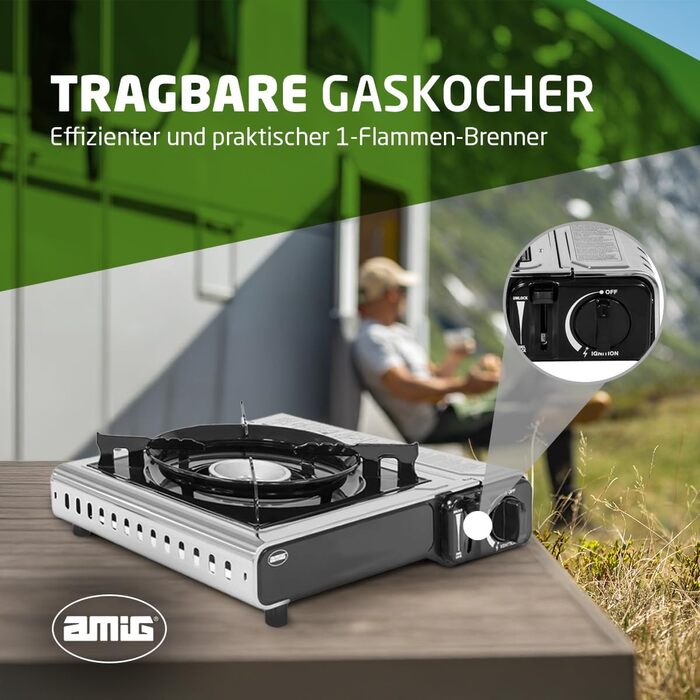 Газовий балонний пальник Amig CAMP01 з 1 конфоркою, вбудованим вітрозахистом та нержавіючою сталею, 2.2 кВт, сумісний з картриджами B-250