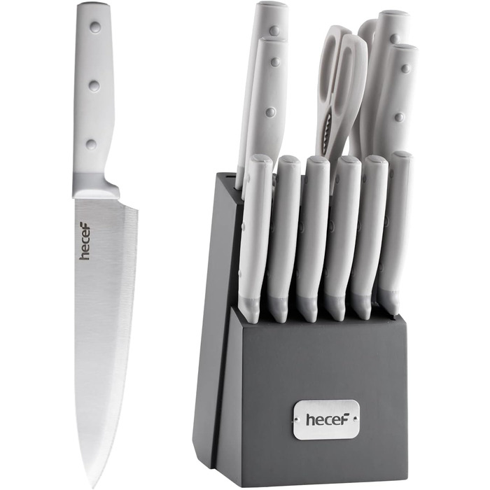 Набір ножів Hecef 14 предметів з дерев'яним блоком, професійний набір кухонних ножів з нержавіючої сталі, з шліфувальником, ножицями та ножем для стейка (сірий)