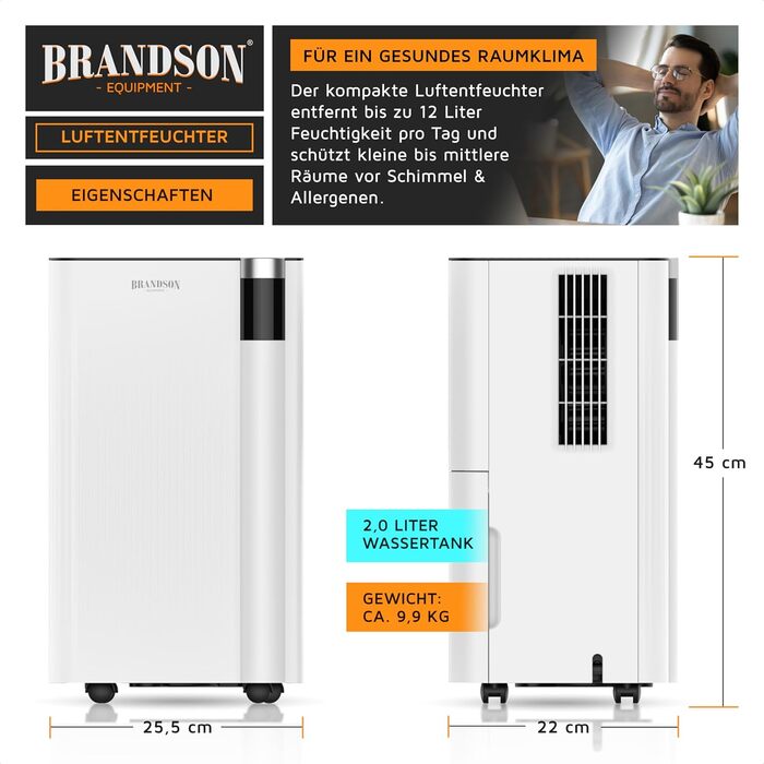 Електричний осушувач повітря Brandson з компресором, 12 літрів, Wi-Fi, з таймером, функцією відтавання, білий