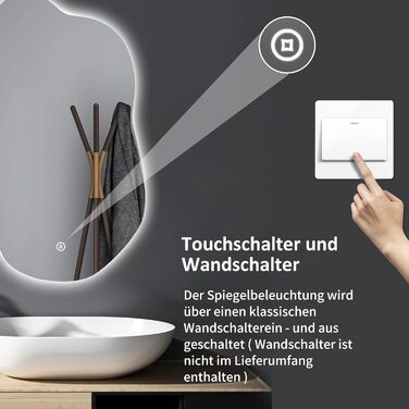 Дзеркало для ванної кімнати Badspiegel 70x50см з підсвічуванням 3 кольори, сенсорне керування, прямокутне, 62x90см, енергоклас A++