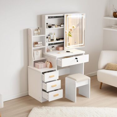 Дзеркальний туалетний столик DATO з LED-підсвічуванням, 3 колірні температури та регулюванням яскравості, з пуфом, 5 шухляд та 3 полиці, розсувний дзеркало