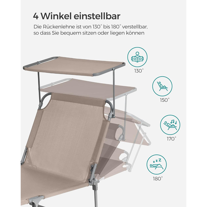 Лежак для відпочинку SONGMICS, великий, розкладний, 200 x 71 x 38 см, вантажопідйомність 150 кг, з сонцезахисною капелюхом та регульованою спинкою, для саду, басейну, тераси, темно-сірий (Taupe)