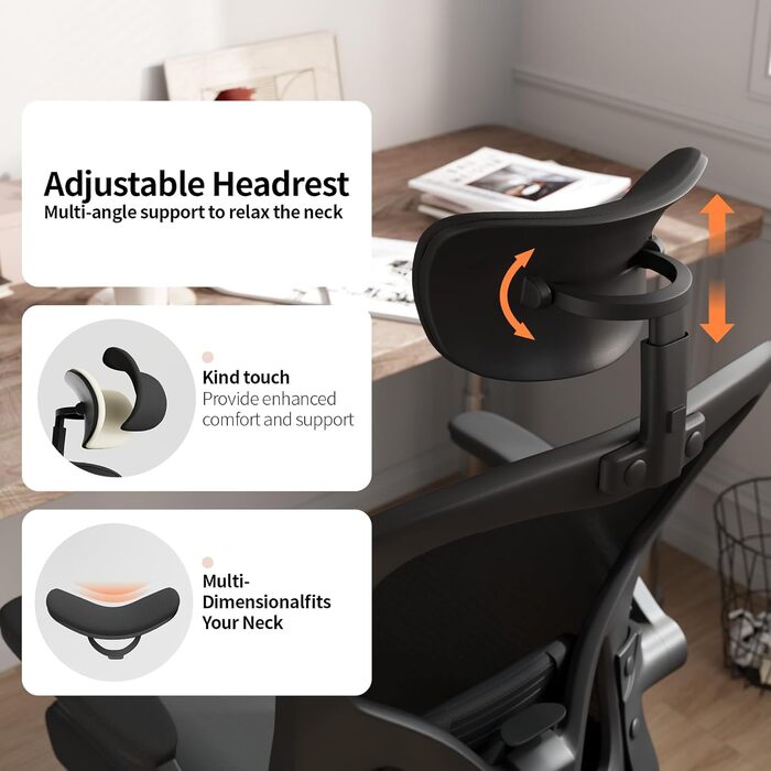 Офісний крісло Monhey з регулюванням висоти, поворотне, з відкидними підлокітниками, дихаюча сітка, регульована підголовник та інтелектуальна підтримка попереку – для дому та офісу (чорний)