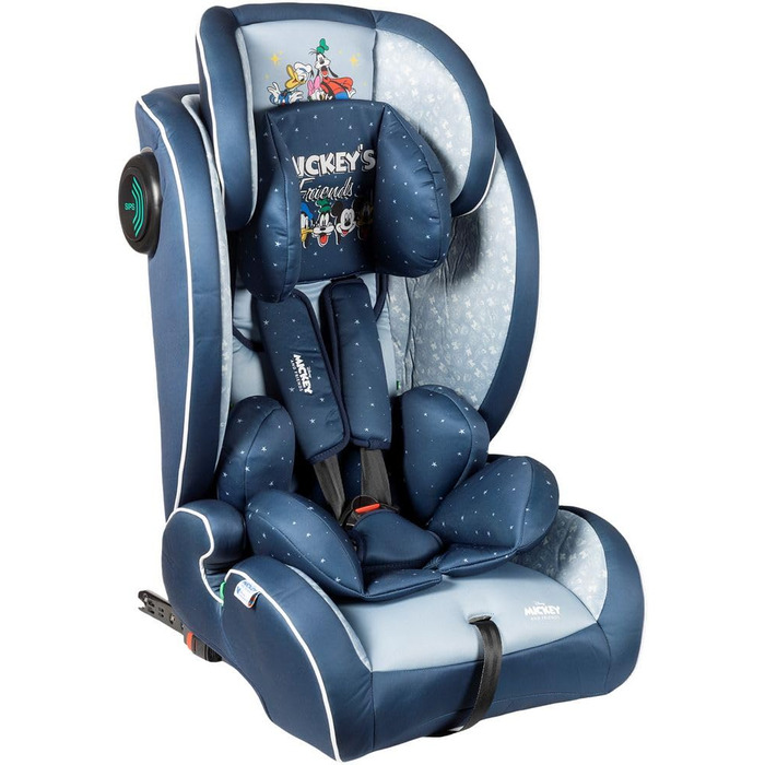 Автокрісло Disney Mickey Mouse з кріпленням ISOFIX для безпеки дитини зростом від 76 до 150 см з Міккі Маусом, Мінні Маус, Дональдом Даком, Плутоном і Гуфі на синьому тлі