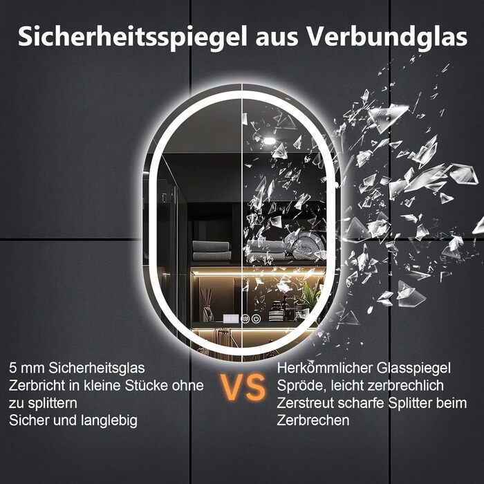 Дзеркало для ванної кімнати Trintion з підсвічуванням, 50x70 см, овальне, з годинником та сенсорним вимикачем, антизапотівальне, диммер, 3 кольори світла (3500K-6500K)