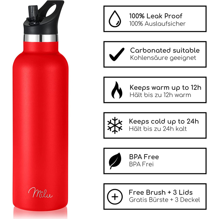 Пляшка для пиття Milu з нержавіючої сталі об'ємом 500 мл, 1 л (3 кришки) - термос з соломинкою, ізольована пляшка для води, герметична пляшка з подвійними стінками, підходить для газування (червоний, 750 мл)