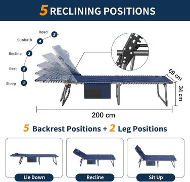 Розкладне ліжко для кемпінгу UDPATIO: зручне ліжко для відпочинку на природі з регульованою спинкою та подушкою (Navy)