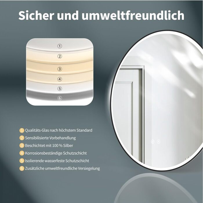 Дзеркало для ванної кімнати HOKO круглої форми, 80 см з підсвічуванням, антизапарювання, рамка, сенсорний вимикач з пам'яттю, регулювання світла 2700-6500K (тепле біле - холодне біле - нейтральне), 80 x 80 см, чорний колір