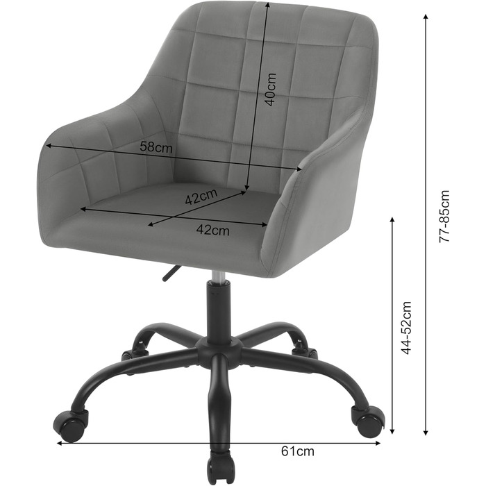Офісний стілець WOLTU обертовий, ергономічний, з роликами, регульована висота, оксамит, темно-сірий/чорний для дому, офісу, спальні