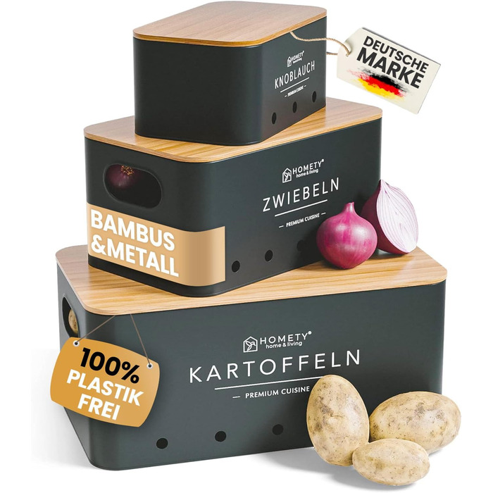 Набір контейнерів для зберігання картоплі, цибулі та часнику [3 шт] - Зберігає овочі свіжими довше (Чорний)