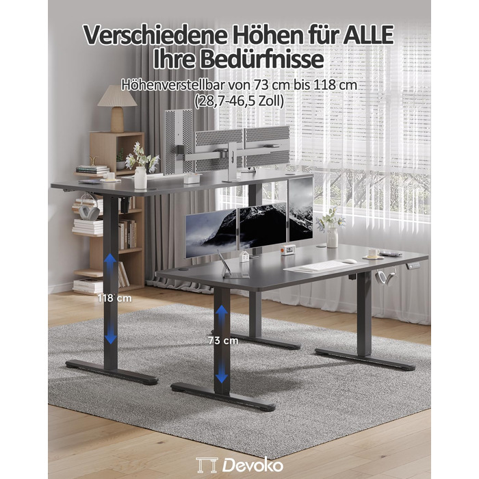 Електричний регульований стіл Devoko 120x60 см, стабільний офісний стіл, стіл для стояння та сидіння, комп'ютерний стіл з функцією пам'яті (чорний)