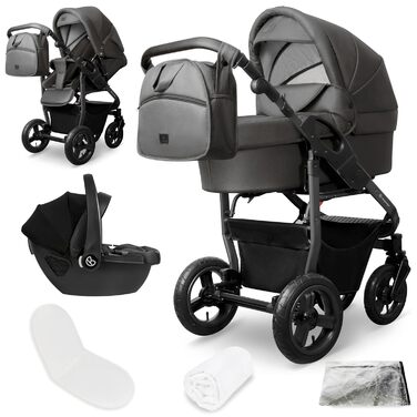 Дитяча коляска Bergsteiger Capri 3-в-1 з люлькою, автокріслом i-Size та ременями, повітряні колеса, амортизація, регульована ручка, складна, аксесуари сірого кольору | Рама: антрацитова коляска + автокрісло