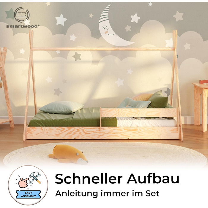 Дерев'яне ліжко-дитячий будиночок Smartwood 90x200 - Монтессорі Tipi F з сосни з сертифікатом FSC, захист від падіння та ламелі до 230 кг для хлопчиків та дівчаток, проста збірка, ліжко на підлозі