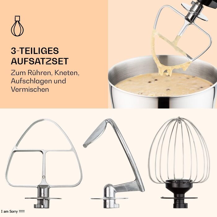 Кухонна машина Klarstein Bella: планетарний міксер з нержавіючої сталі, 1200 Вт, 6 швидкостей, 3 насадки