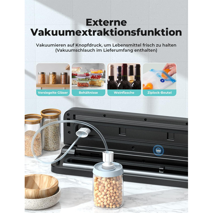 Вакууматор 5 в 1 для продуктів, вакуумний пакувальник з 10 пакетами та шлангом, пристрій для запаювання пакетів (шов 30 см)