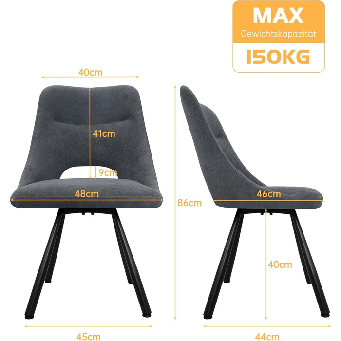 LEWE Комплект обідніх стільців 6 шт., поворотні, для кухні, вітальні, спальні, ергономічні, без підлокітників, тканина кашемір (темно-сірий, 4 поворотні)