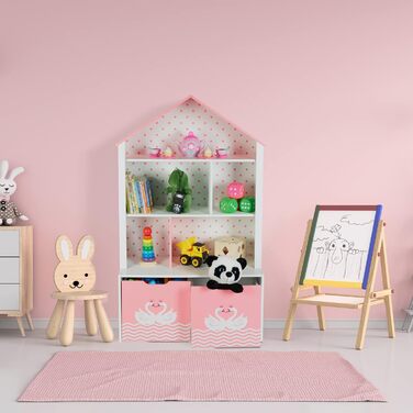 Дитяча полиця Relaxdays, лебідь, 5 відділень, 2 рулонні коробки, HWD 128x75x34 см, форма будиночка, місце для зберігання іграшок, білий/рожевий