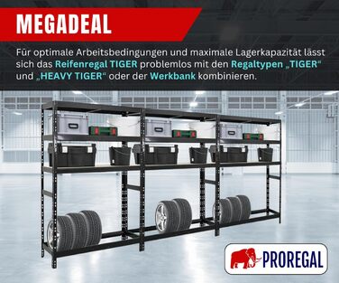 Стелаж для шин PROREGAL Tiger XL: 200x180x45 см, 300 кг на полицю, до 205/55 R16, чорний. Підходить для майстерні, складу, підвалу.