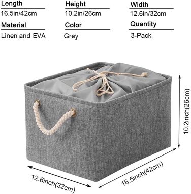 Коробка для зберігання Yawinhe з 3 комплектів з кришкою, 42 x 32 x 26 см, тканинні складні коробки з кришкою на шнурку і 2 ручками, тканинна коробка, кубики, SNK003WGL (42x32x26 см / 3 упаковки, сірий)