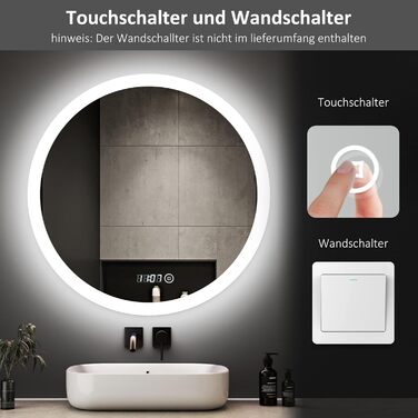 Круглий дзеркало для ванної кімнати Boromal з підсвічуванням, годинником та 3 кольорами світла (60см)