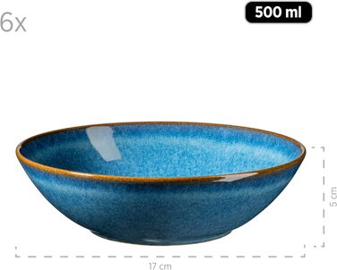 Набір з 7 керамічних мисок, 1 великої миски та 6 мисок для салатів, мюслі, супів або пасти, з вінтажною блакитною глазур'ю, керамогранітом, королівським синім, 931947 Серія Ossia