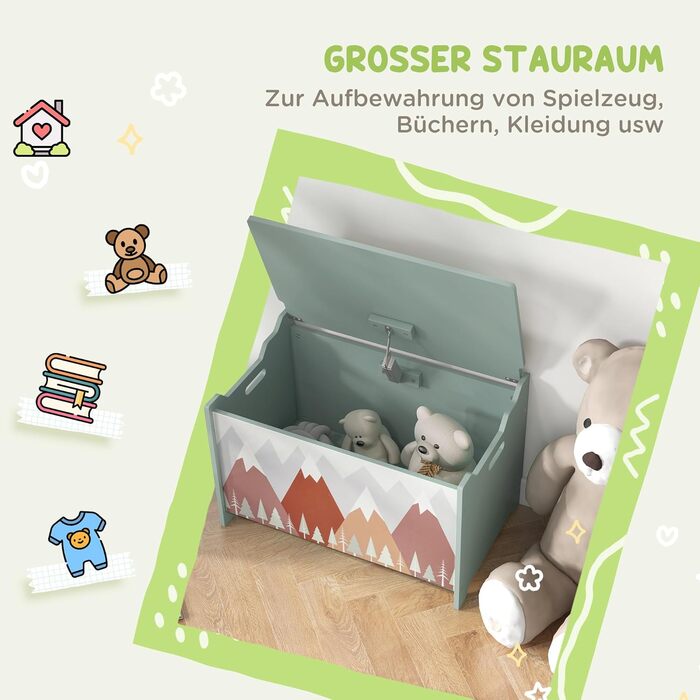 Дитяча валіза для іграшок ZONEKIZ з кришкою та безпечним шарніром, 60x37x39 см, зелена