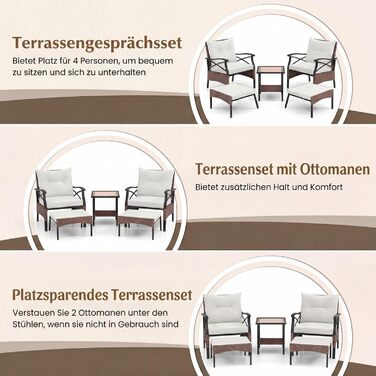Садовий набір меблів COSTWAY з ротангу, 5 предметів: 2 крісла з подушками, пуф та стіл для балкона, тераси, саду (коричневий + бежевий)
