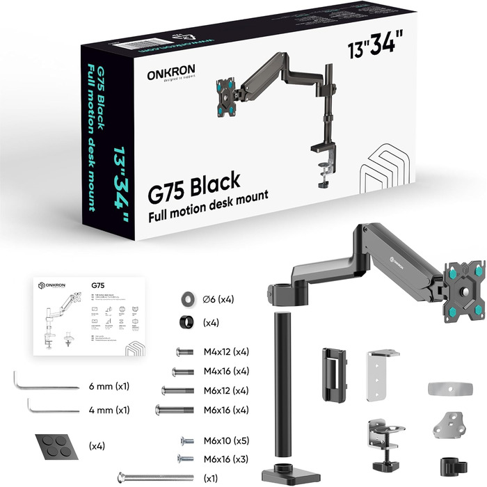 Кріплення для монітора ONKRON G90-B (G75-B) - регульований тримач для монітора 13-34 дюймів, до 10 кг, VESA 75x75-100x100, чорний