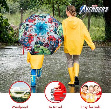 Парасолька BONNYCO Kids Avengers - Штормозахисна, посилена конструкція, складається для сумки, рюкзака або подорожей Маленькі хлопчики - Подарунки, синій