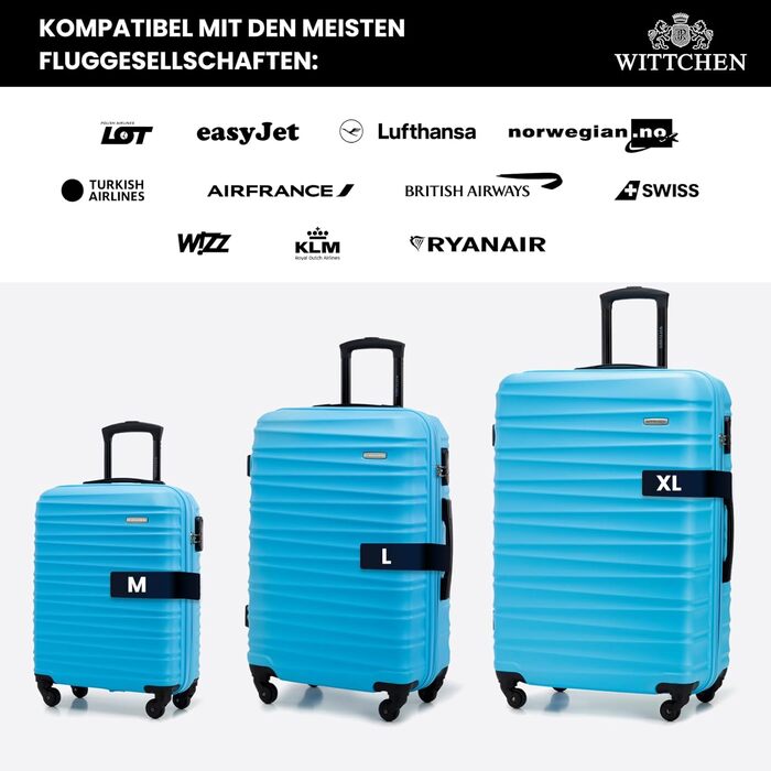 Набір валізWITTCHEN 3 в 1: велика, середня, маленька. Валізи на колесах з ABS, з кодовим замком, 4 колеса, Groove Line. Підходить для Lufthansa, Eurowings, Ryanair, Condor. (Синій, косметичка)