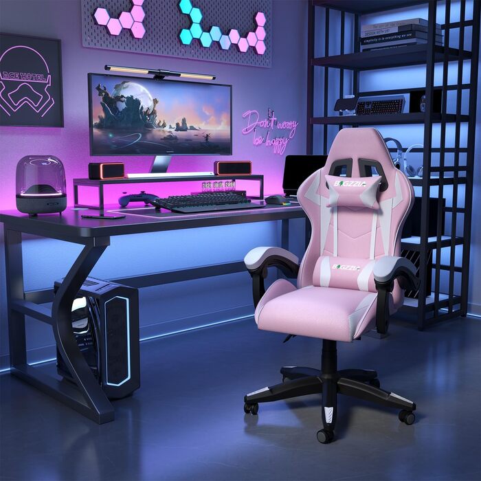 Ігровий крісло Bigzzia Ergonomic з підігрівом, рожево-білий, для геймерів, комп'ютерне, з підголівником та підлокітниками