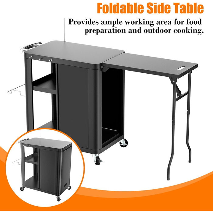 Гриль-возна Гриль-стіл з відкидним столиком, вулична кухня з гачками, полицею та шафкою, сервізний візок на колесах, чорний (143×37×89 см)