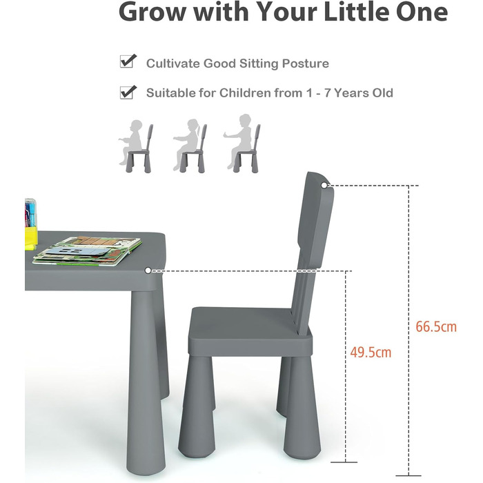 Дитячий стіл LIFEZEAL з 2 стільцями: набір меблів для дітей з пластику сірого кольору