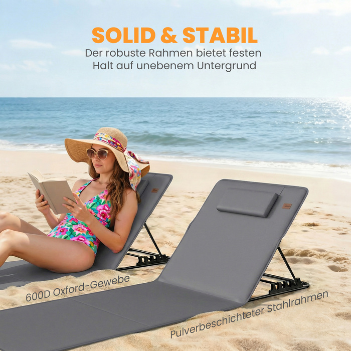 Набір з 2 пляжних килимків з регульованою спинкою, складані легкі шезлонги з подушками та сумкою для зберігання