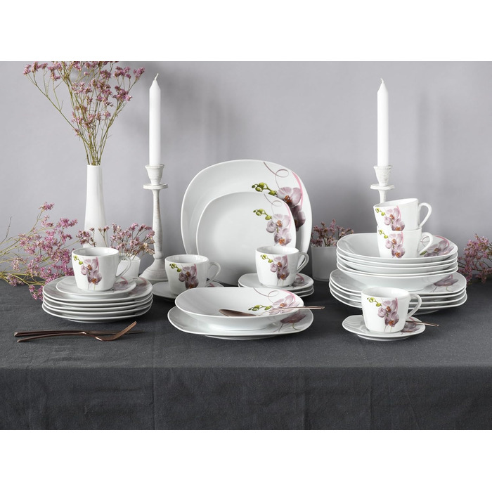 CreaTable Серія Square Orchidee: 18-частинний набір посуду на 6 осіб, порцеляновий кавовий сервіз, придатний для миття в посудомийній машині та використання в мікрохвильовій печі, преміум-якість