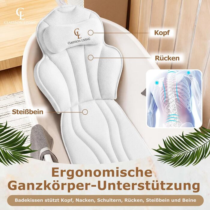 Подушка для ванни повне тіло (152x56 см) з підголівником (11 см) - біла. Підтримка шиї, спини та ніг. З сумкою для прання та подорожей, гачком для сушіння.