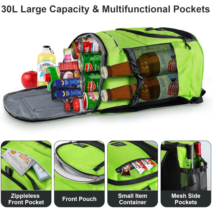 30L Рюкзак-холодильник великий, витокостійкий ізольований рюкзак для пікніка для чоловіків та жінок, термо-холодильник для пляжу, кемпінгу, відпочинку на природі, риболовлі, зелений