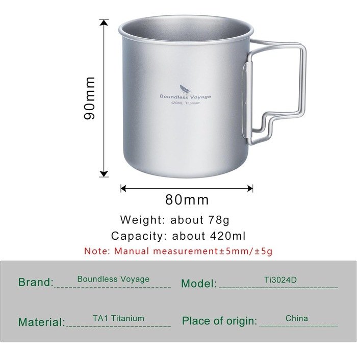 iBasingo Titan Becher - туристичний посуд, термокружка, чашка для кемпінгу з кришкою та складним ручками, 200-750 мл (Ti3024d-420ml)